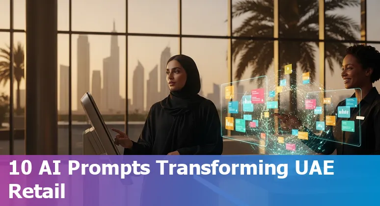 Collage of UAE skyline, retail shelves, AI icons and data charts illustrating AI in retail use cases.