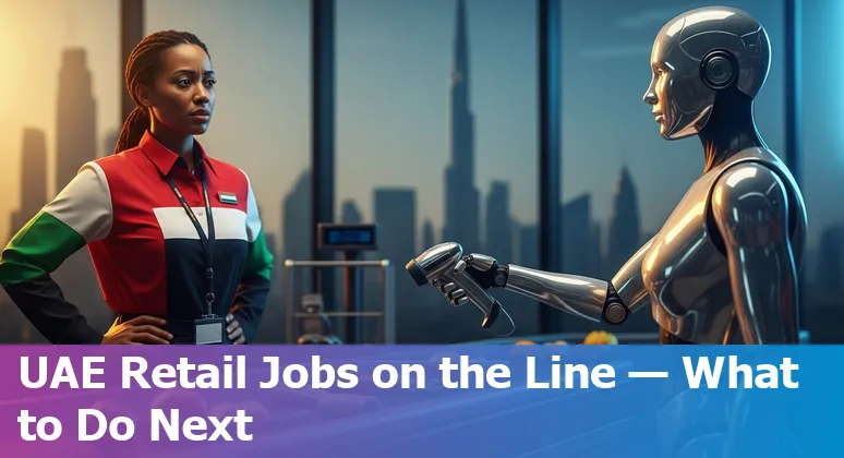Retail worker using tablet in a Dubai store with AI self-checkout kiosks and AR displays