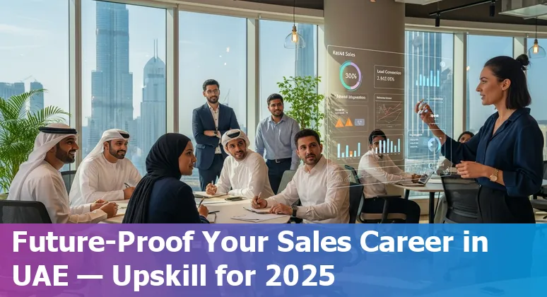 UAE sales professional using AI tools on a laptop with Dubai skyline, United Arab Emirates background