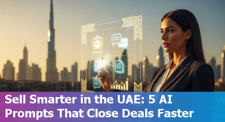 Sales professional in UAE using AI prompts on laptop with Dubai skyline in background