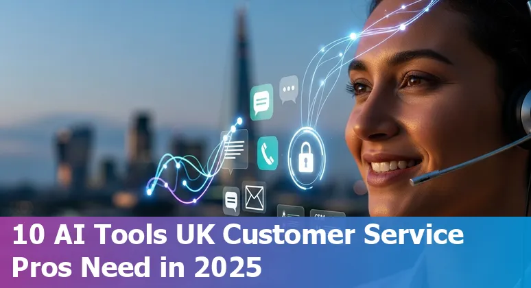 Collage of AI customer service tools logos with UK flag elements indicating GDPR-compliant, multichannel support