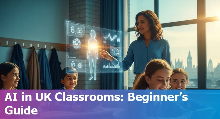 Illustration of AI supporting teachers and students in United Kingdom classrooms and universities in 2025