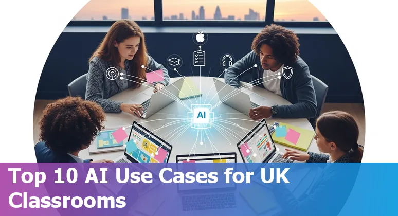 Illustration of AI tools in UK classrooms showing Skye, Aila, GPT‑4, MIS analytics and teachers collaborating.