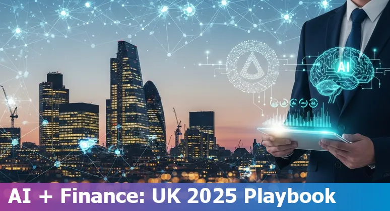 Graphic showing AI in financial services with a UK map and 2025 label, representing the United Kingdom