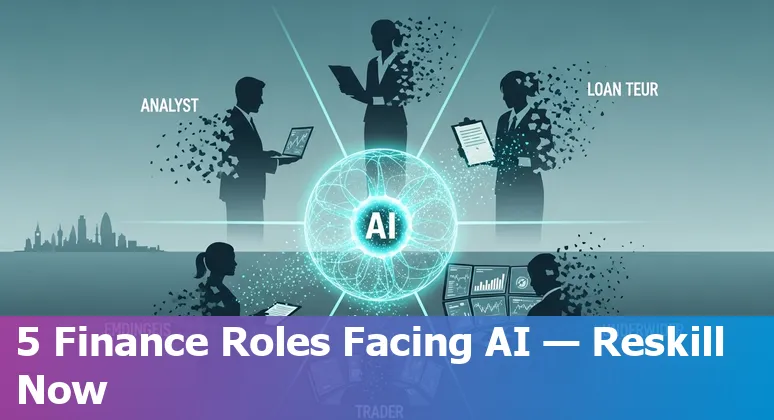 Illustration showing UK financial workers — bookkeeper, bank clerk, insurance clerk, junior analyst and customer service agent — alongside AI automation icons.