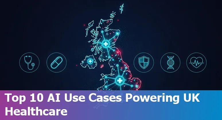 Illustration of AI in UK healthcare showing hospital, stethoscope, CT scan, heart model and patient app.