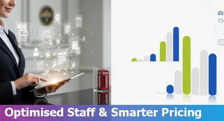 United Kingdom hotel staff using an AI dashboard to reduce costs and improve efficiency in the United Kingdom hospitality sector