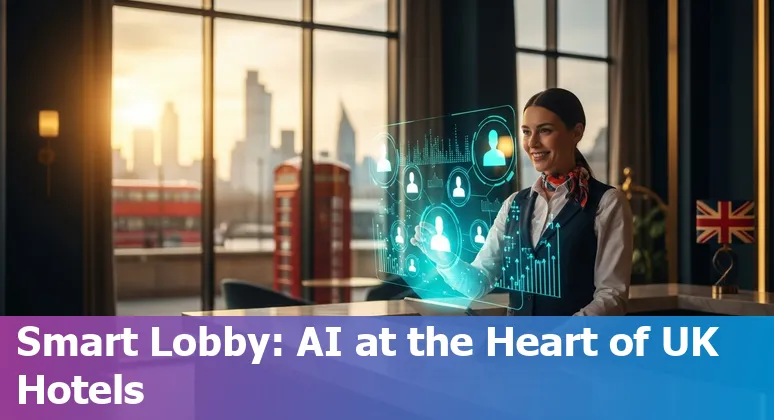 Hotel lobby with AI check-in kiosk and staff in the United Kingdom