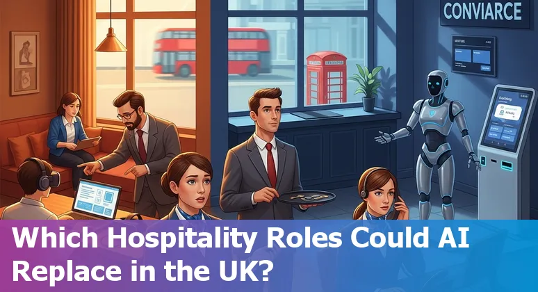 Hotel staff roles (receptionist, bartender, kitchen porter, reservations agent, administrator) with AI icons overlaid in a UK hotel lobby