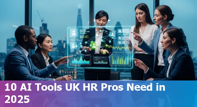 Collage of AI-driven HR tools logos and a UK map showing workplace tech adoption in 2025