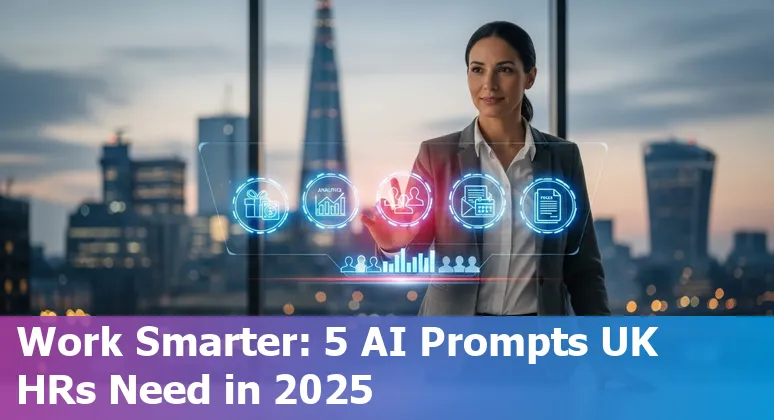 HR professional using AI prompts on a laptop with UK flag and benefits icons