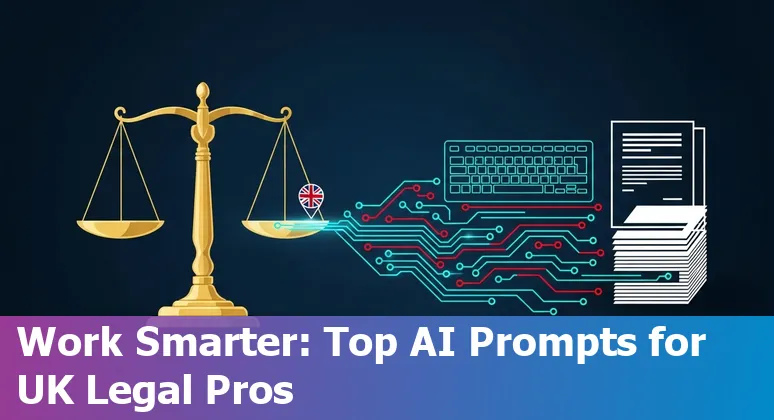 UK lawyer using AI prompts on a laptop with legal documents, icons for research, drafting, and security.