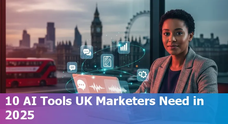 Illustration of AI marketing tools in the UK 2025 showing logos like ChatGPT, Google Gemini, Jasper and Surfer SEO