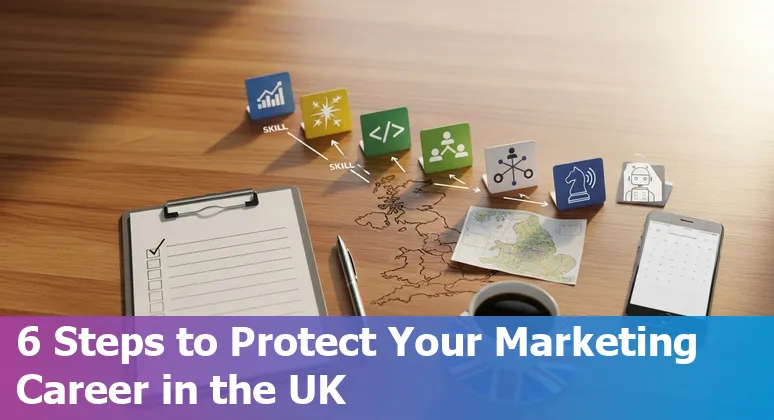 UK marketer using AI tools on a laptop with Union Flag sticker, illustrating marketing jobs in the United Kingdom in 2025