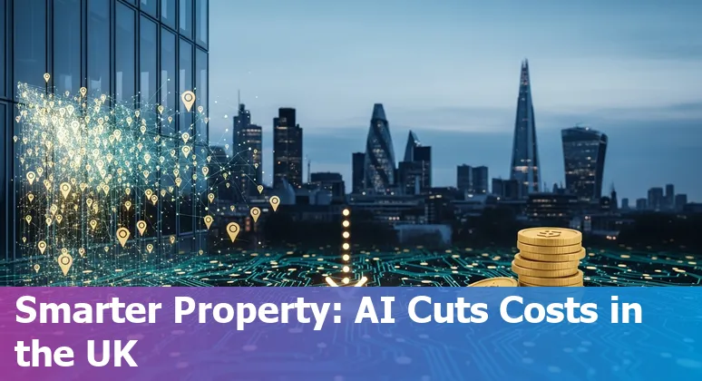 AI dashboard and smart building icons showing cost savings for United Kingdom real estate companies in the United Kingdom