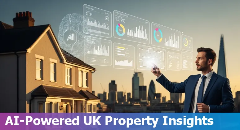 Illustration showing AI tools for UK real estate: data charts, drone inspection, 3D property render and legal documents.