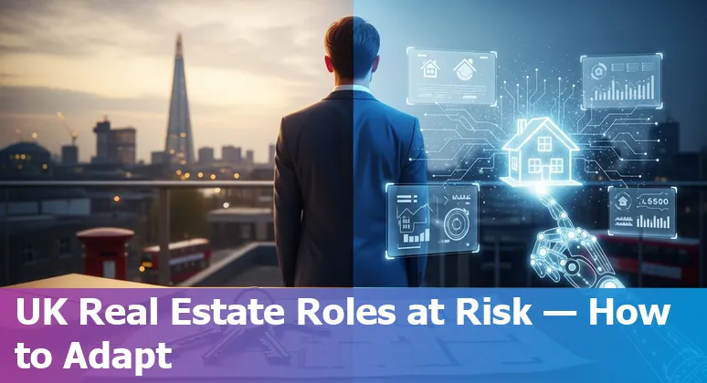 Illustration of UK real estate professionals alongside AI automation icons, showing jobs and upskilling pathways