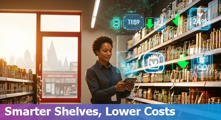 Retail staff and robots in a United Kingdom warehouse showing AI helping UK retailers cut costs and improve efficiency