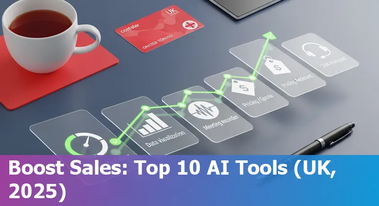Collage of AI sales tools logos over a map of the United Kingdom with a sales team using AI tools