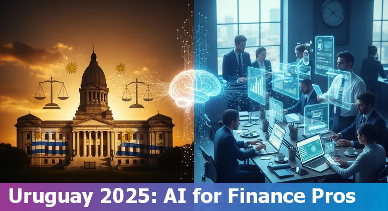 Finance professional using AI tools with Montevideo skyline, Uruguay