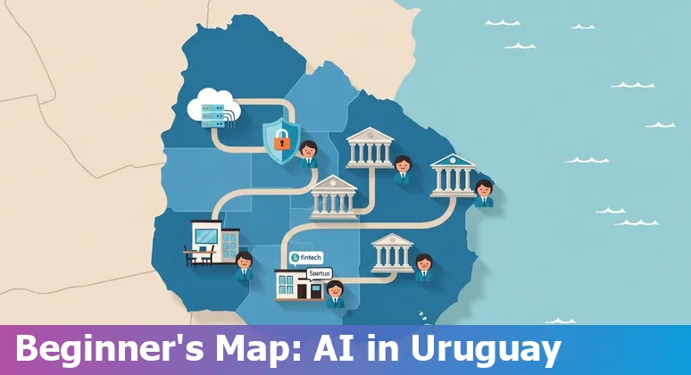 Illustration of AI in Uruguay financial services showing Montevideo skyline, banks and technology icons — Uruguay