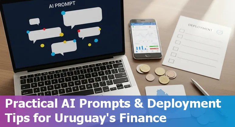 Illustration of AI use cases in Uruguay's financial services: charts, chatbot, compliance documents and banking icons