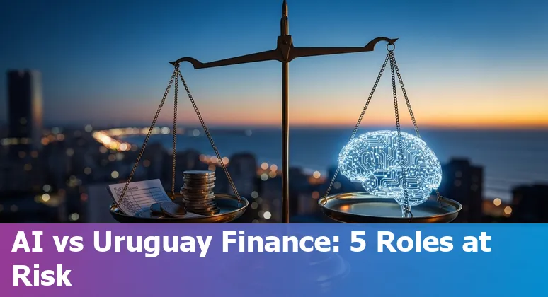 Illustration showing five financial services jobs at risk from AI in Uruguay with adaptation steps and Montevideo skyline