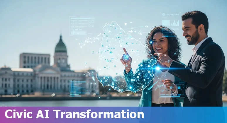 Infographic showing top AI use cases for Uruguay's government: virtual assistant, policy drafting, fraud detection, predictive analytics and computer vision.