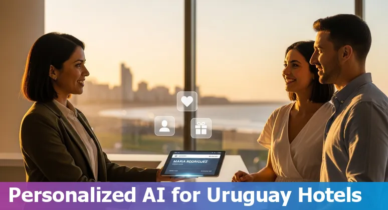 Hotel staff using an AI dashboard showing personalized guest offers and dynamic pricing for Uruguay hotels.