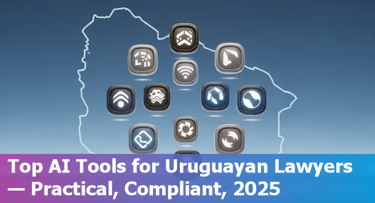 Uruguayan lawyer using AI legal tools on a laptop beside a small Uruguay flag