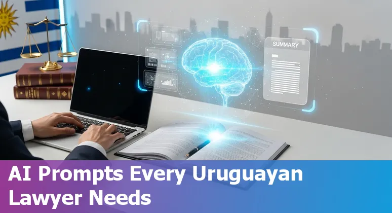 Lawyer using AI prompts on a laptop with Uruguay map overlay and legal documents