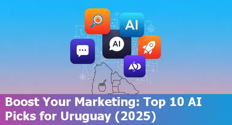 Collage of logos for MarketMuse, Jasper, BrightEdge, ManyChat and other AI marketing tools over a Uruguay map background