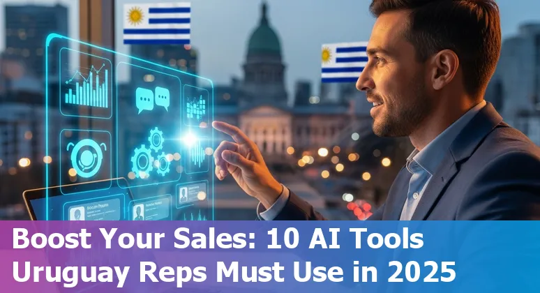 Laptop showing AI sales tool dashboards and Uruguayan flag, representing top AI tools for sales in Uruguay 2025