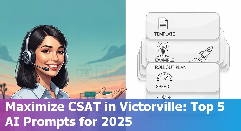 Customer service agent in Victorville using AI prompts on laptop with Victorville skyline in background.