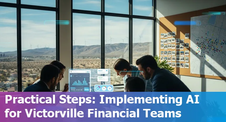 Illustration of AI in financial services in Victorville, California, US: data, banks, and compliance icons