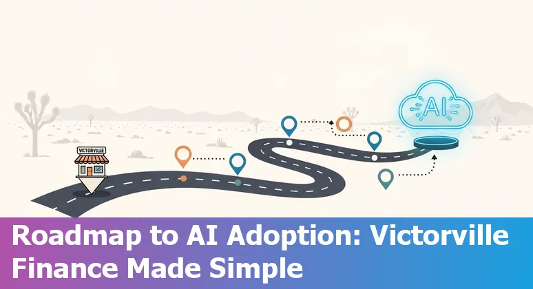 Victorville bank branch with AI icons overlay showing chatbots, fraud detection, and forecasting
