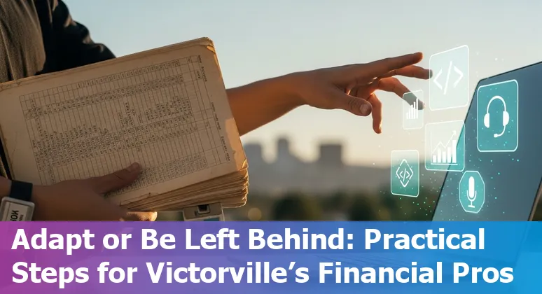 Victorville financial services workers using AI tools in a local office setting, with desert mountains in background.