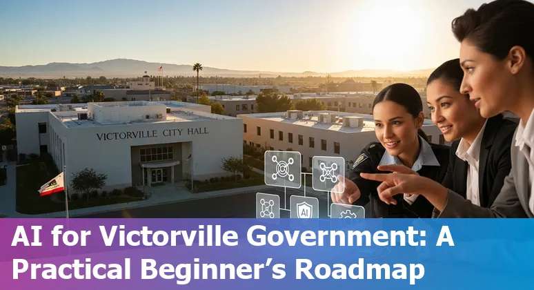 City of Victorville California government building with AI icons overlay, representing AI use in Victorville, California government in 2025
