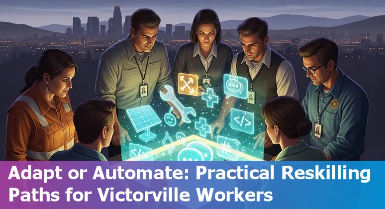 Victorville city employee at a computer beside an AI assistant icon, representing municipal jobs adapting to AI.