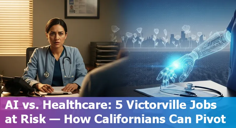 Healthcare workers in Victorville clinic discussing AI tools on a tablet; local clinic exterior visible.