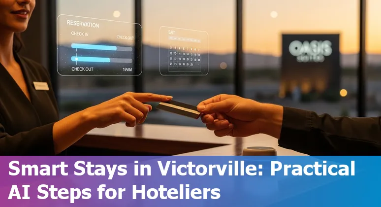 Hotel front desk with AI tools and Victorville, California skyline showing AI adoption in hospitality