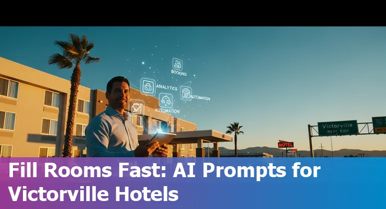 Hotel in Victorville with road sign for Route 66 and icons for AI tools and smart room features.