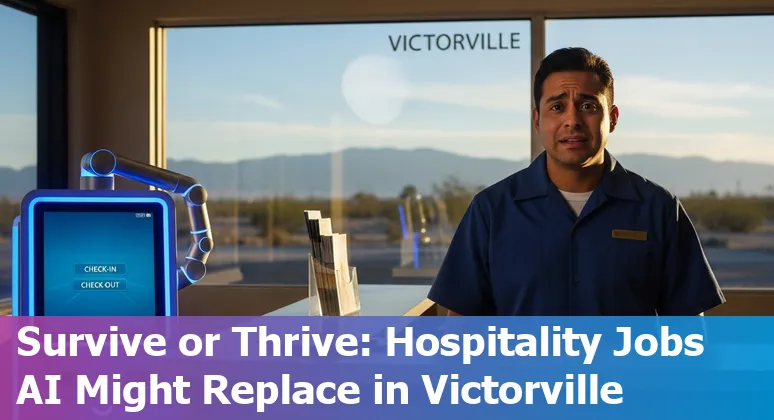Victorville hospitality workers discussing AI risks and upskilling at a hotel front desk.