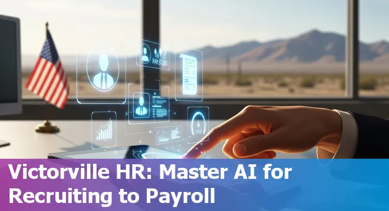 Victorville HR team reviewing AI HR tools on laptops with city skyline in background