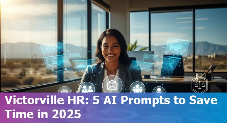 HR professional in Victorville using AI prompts on a laptop to draft benefits and onboarding messages.