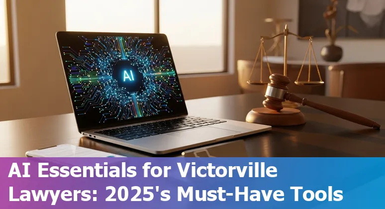 Victorville attorney desk with laptop showing AI legal tools, California map and court icons.