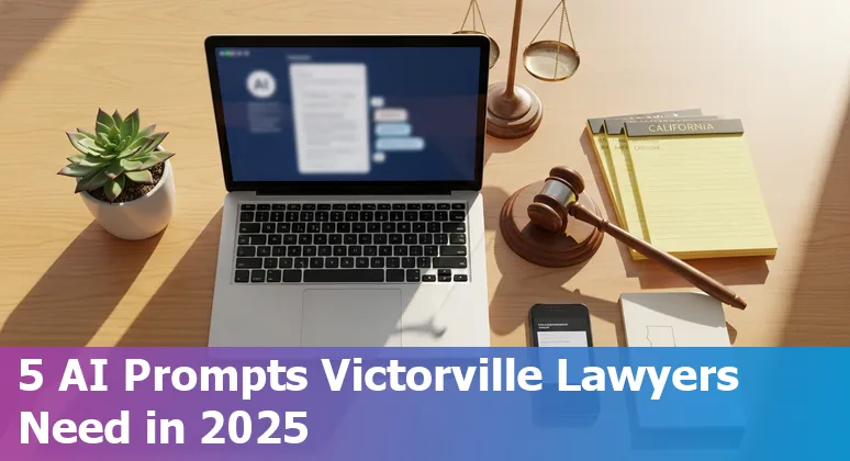Victorville lawyer using AI prompts on a laptop with San Bernardino County courthouse in the background