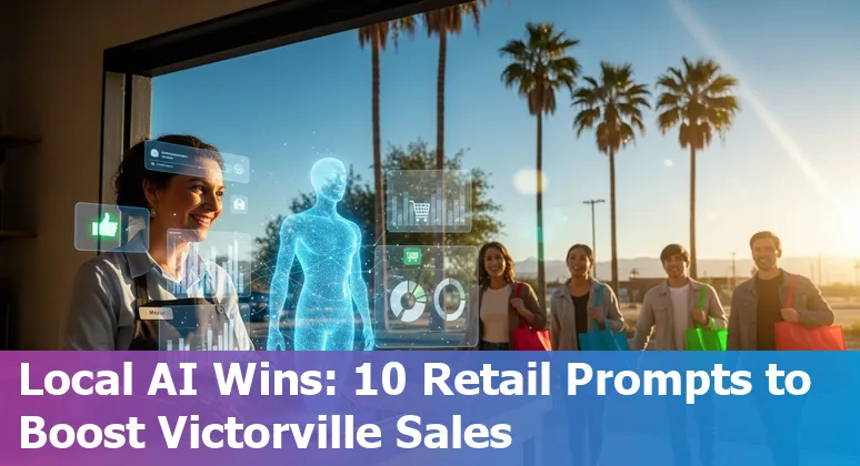 Shoppers in a Victorville retail store with AI icons overlay showing personalization, inventory and delivery routes.