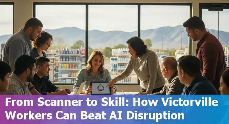 Victorville retail workers learning digital skills alongside self-checkout kiosks and warehouse robots