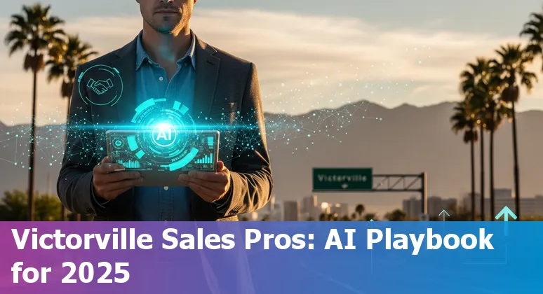 Sales professional using AI tools on laptop with Victorville, California skyline in background